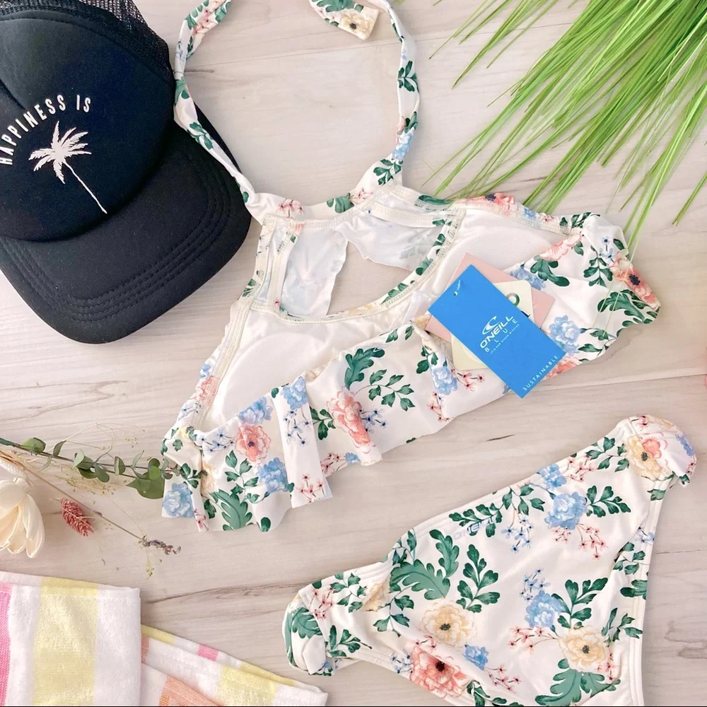 🌼🍍 O’Neill Girls’ Arabella Floral High Neck Two-Piece Swimsuit 👙☀️🏝💗🍍